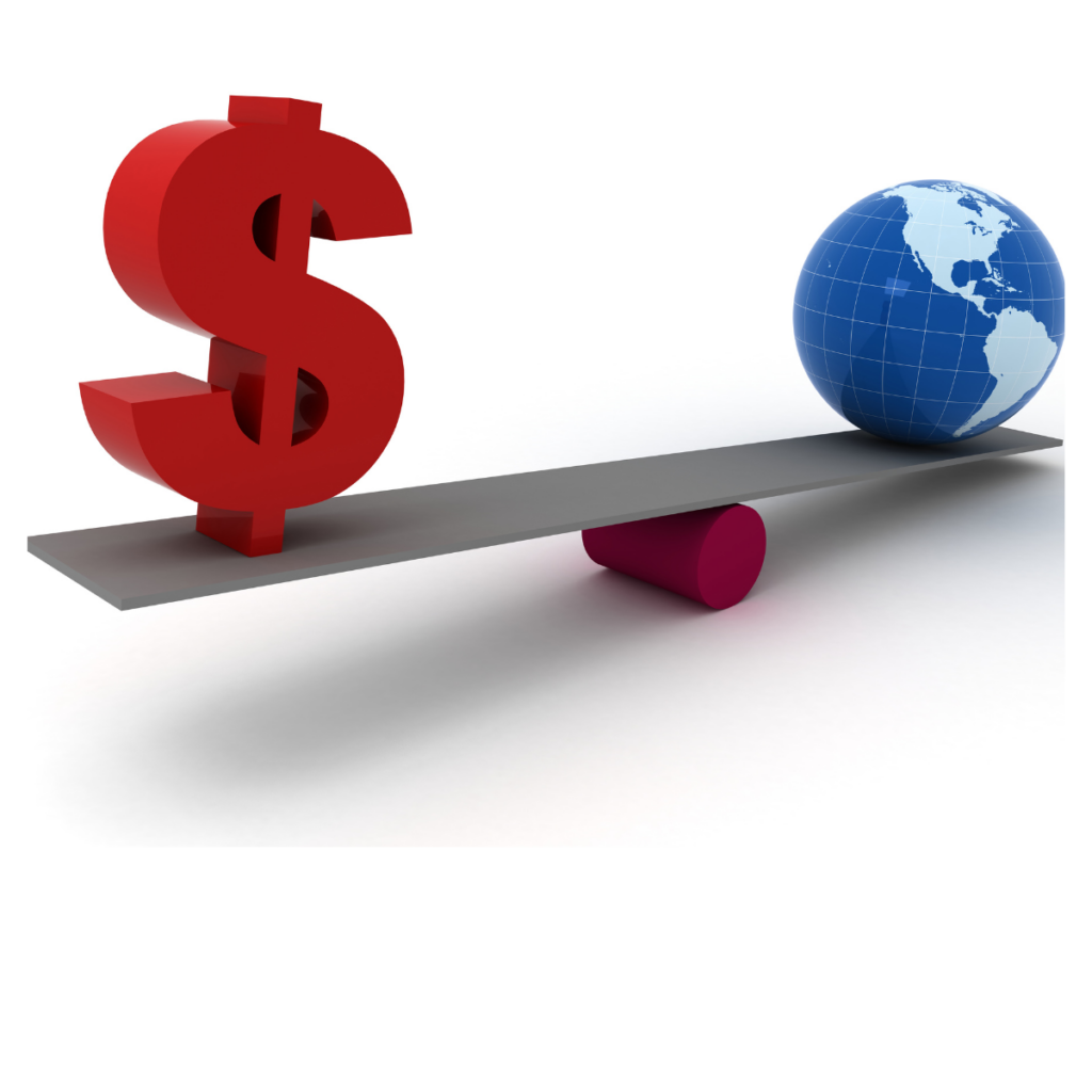 A conceptual image showing a red dollar sign balancing the earth on a teeter totter, symbolizing the importance of financial stability and global economic equilibrium.