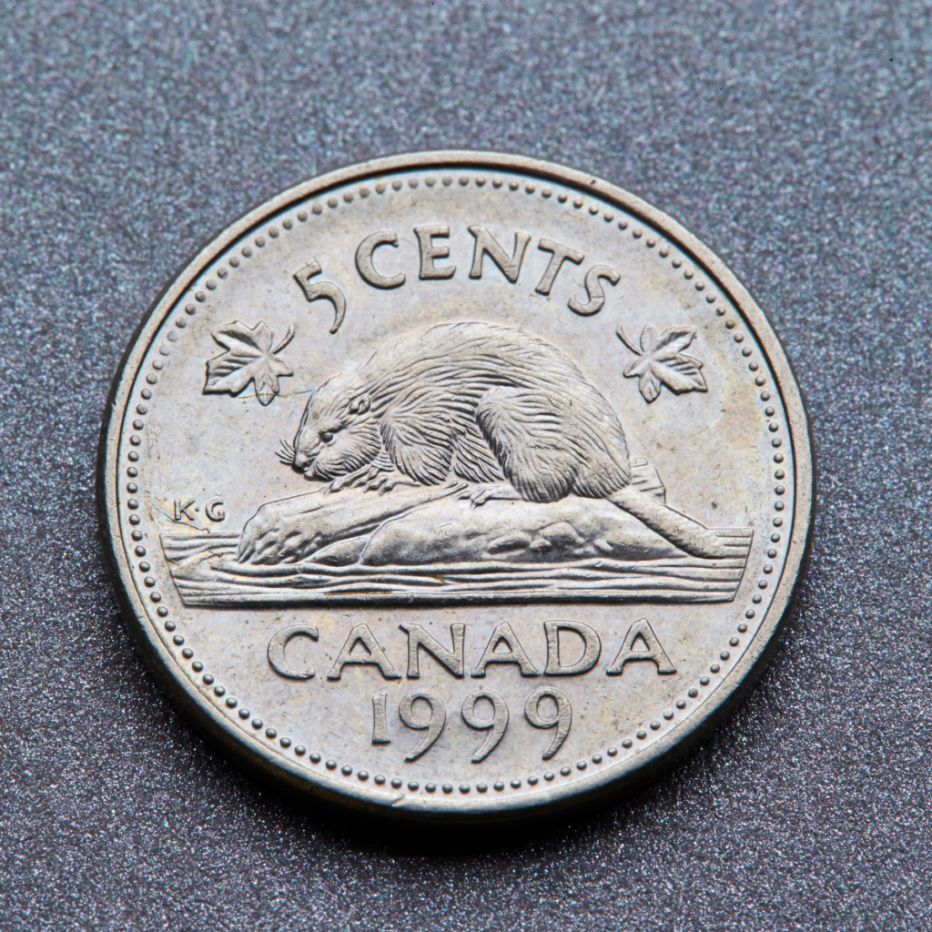 Canadian nickel coin displayed against a grey background