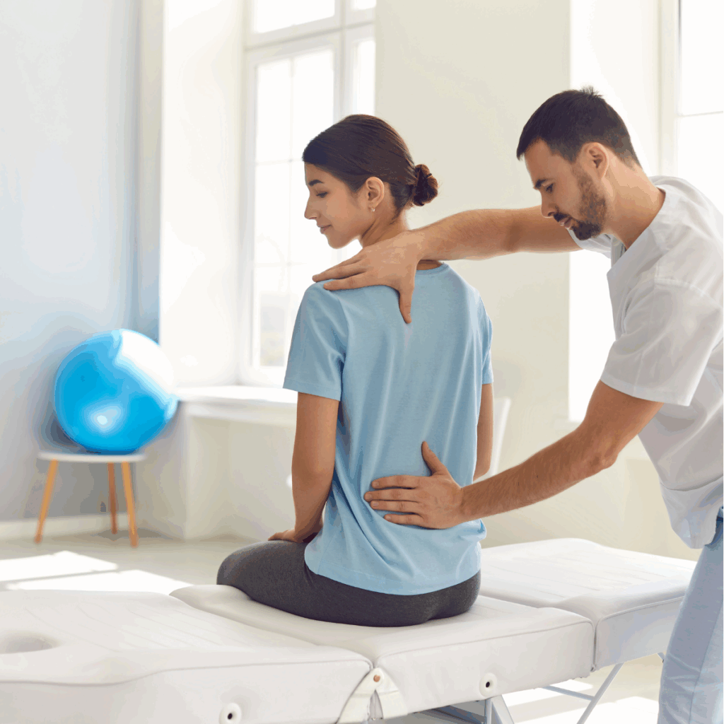 A male chiropractor or massage therapist working on a woman seated upright on a massage bed. He has one hand on her shoulder and the other on the middle of her back, performing a massage or chiropractic adjustment. The woman is facing away from the camera, with her back visible.