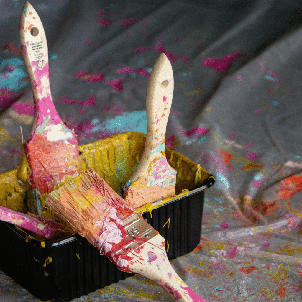 A messy, colourful artistic scene featuring three paintbrushes heavily coated in wet paint. The brushes, handles, and the protective floor tarp are all covered in thick splatters of various colours, showing a project in mid-process.