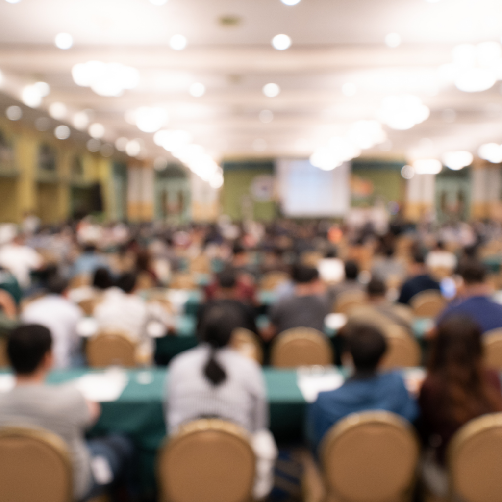 A high-angle, intentionally out-of-focus shot of a crowded conference room. The soft blur obscures details, but rows of audience members are visible from behind, sitting in chairs and facing the front of the room. A large, bright presentation or projector screen glows in the soft-focus distance, capturing the atmosphere of a professional seminar or workshop event.