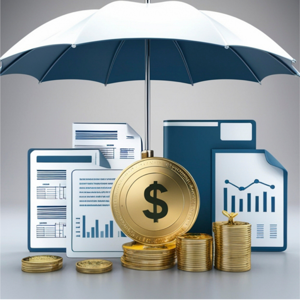 Digital graphic of a large umbrella protecting a stack of gold coins and business documents featuring charts and graphs.