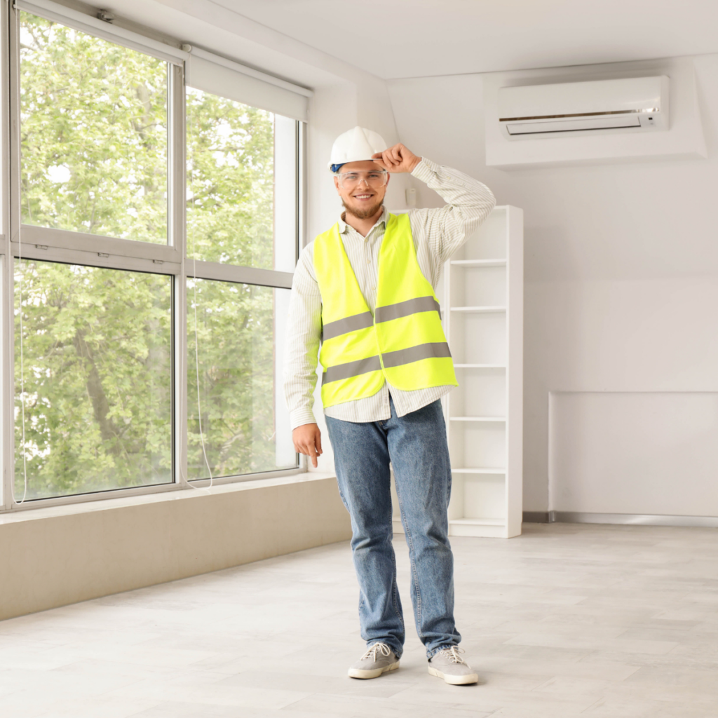 A man wearing a reflective safety vest, hard hat, jeans, and work boots standing in a bright, white open room with white shelving, tipping his hard hat with one hand.